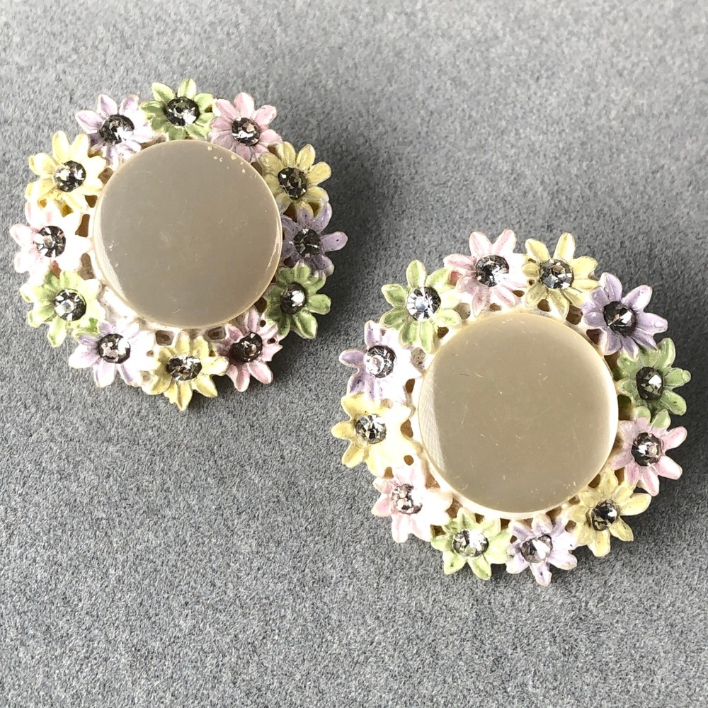 Vintage Screw Back Earrings Japan Carved Plastic Flower Faux Pearl Rhinestones